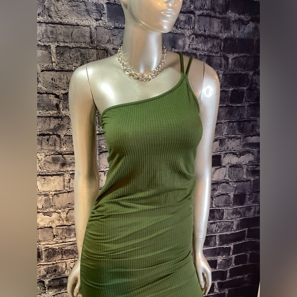 Olive Green 1 Shoulder Mini Summer Bodycon Dress - Picture 6 of 8